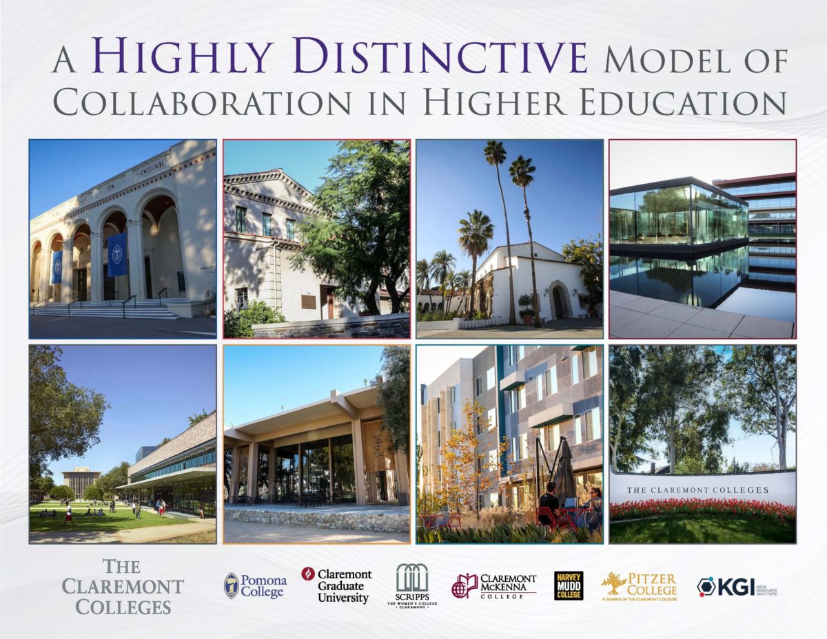 The Claremont Colleges Brochure cover - eight photos of iconic campus buildings