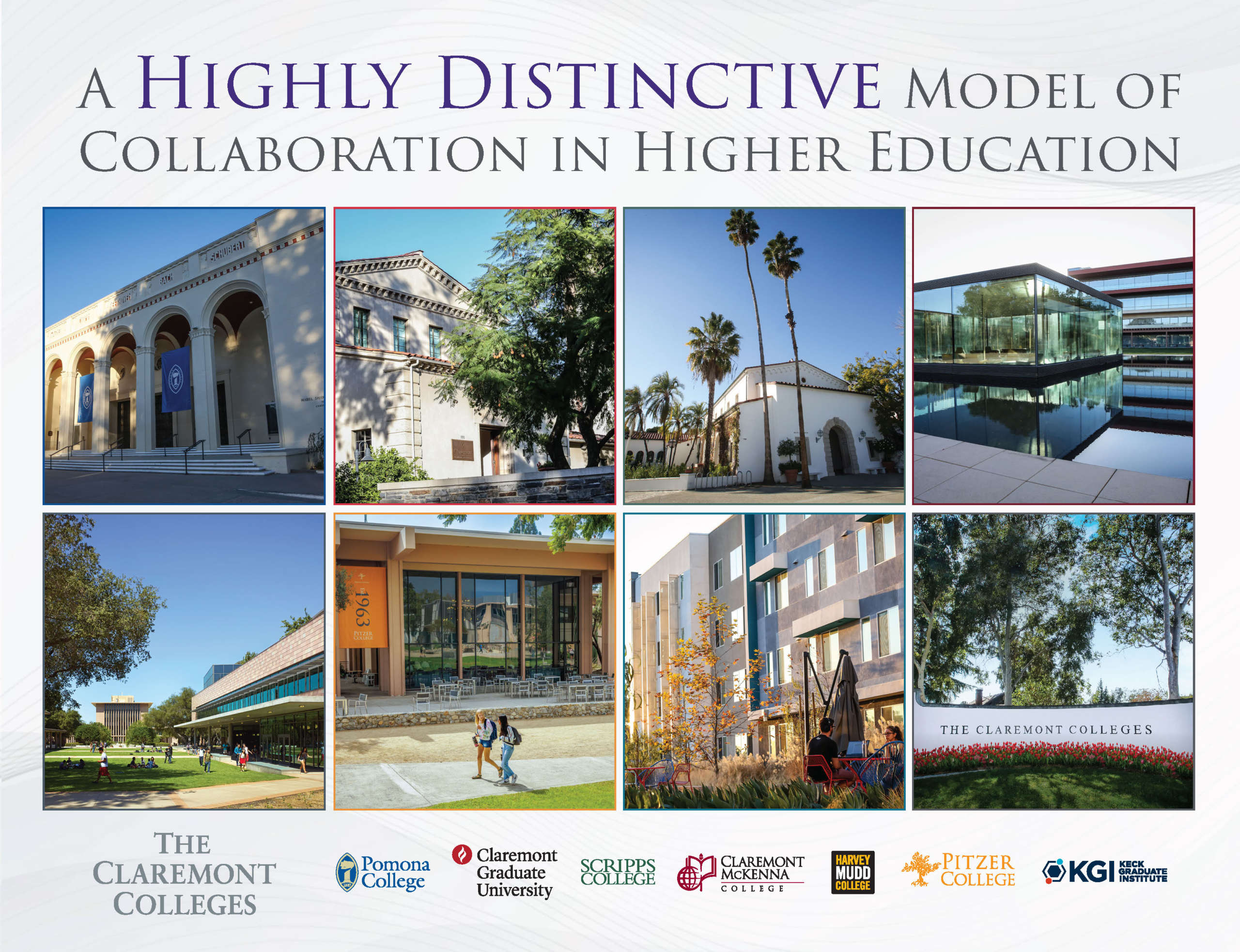 TCC brochure cover showing images of each institution of The Claremont colleges along with its logo